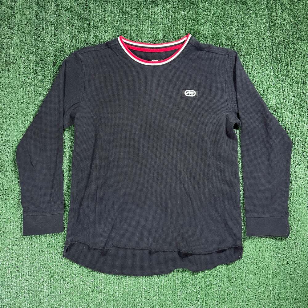 Mens Ecko Unltd Y2K Black Waffle Knit Long Sleeve Thermal Shirt Large